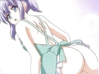 Shy anime doll in apron jumping craving pecker in bed