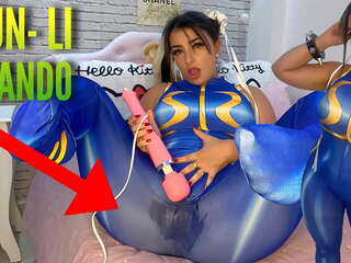 Inviting cosplay darling dressed as Chun Li from street fighter playing with her htachi vibrator cumming and soaking her panties and pants ahegao