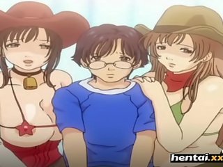 Nerd gets dick between busty babes tits - Boobalicious - Hentai.xxx