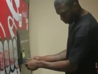 Enchanting black ebony shemale gets fucked by vending machine