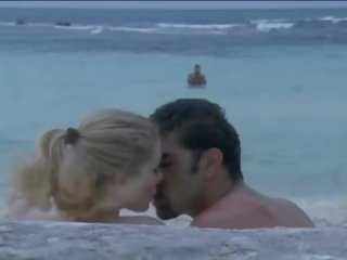 Grand blonde tourist banged by two fishermen on the beach